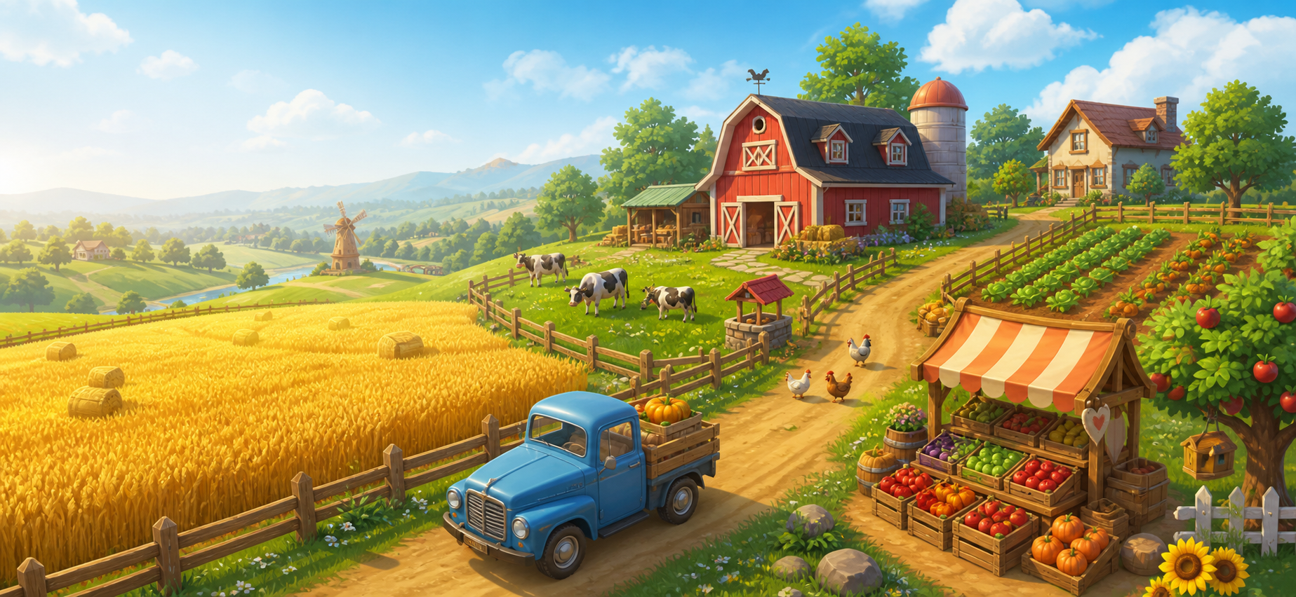 Colorful original farming game scene with fields, animals, a barn and roadside market